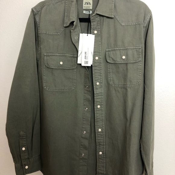 Zara Olive Green Topstitch Unisex Denim Shirt Jacket M NWT - Picture 2 of 8